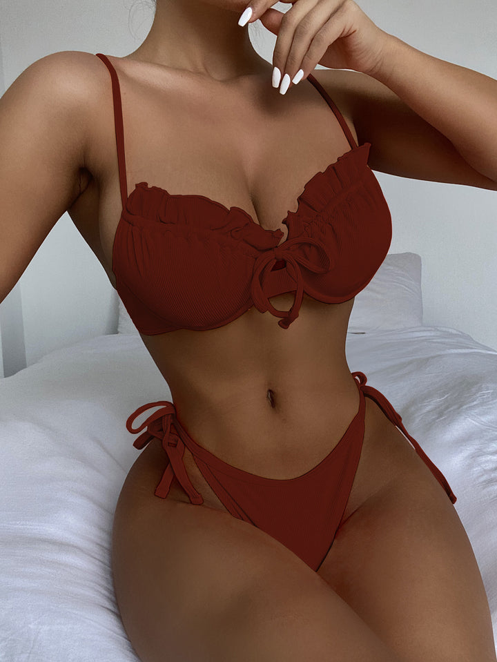 Solid Color Ruffled Flounce Bikini- Coffee