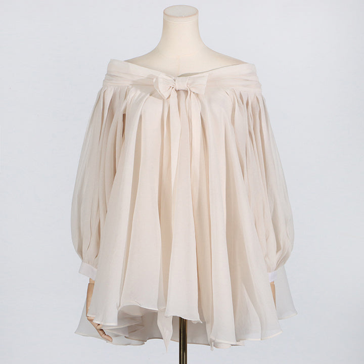 Off Shoulder Bow Tutu Dress- Beige