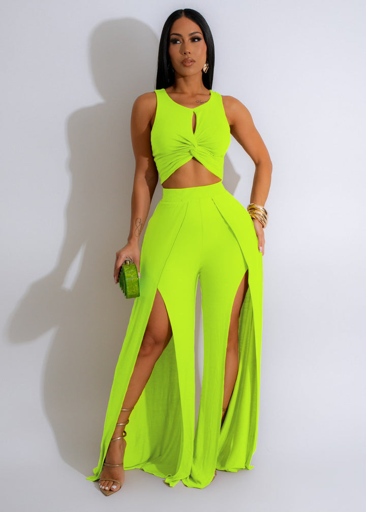 Sleeveless Crop Top with Split Wide Leg Pants- Bright Green