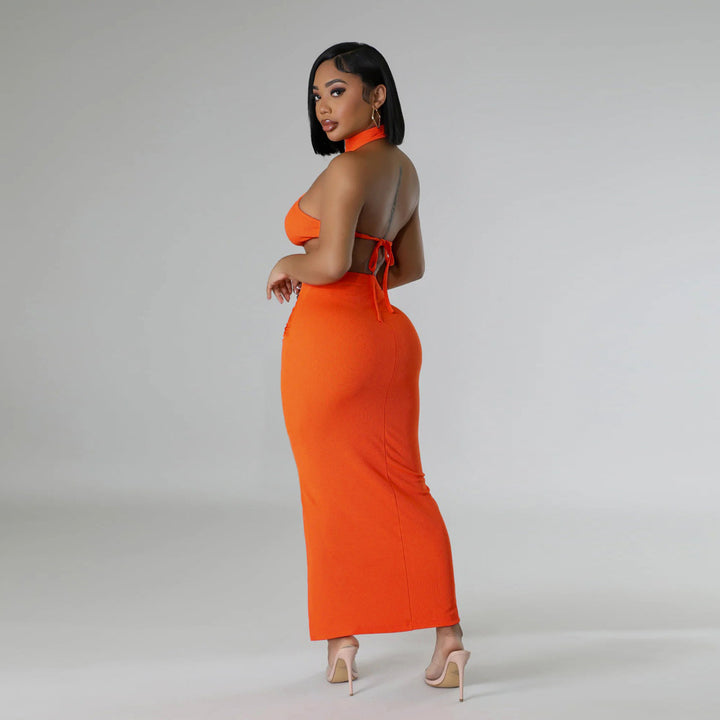 Sleeveless Stand Collar Crop Top with Tie Skirt- Orange