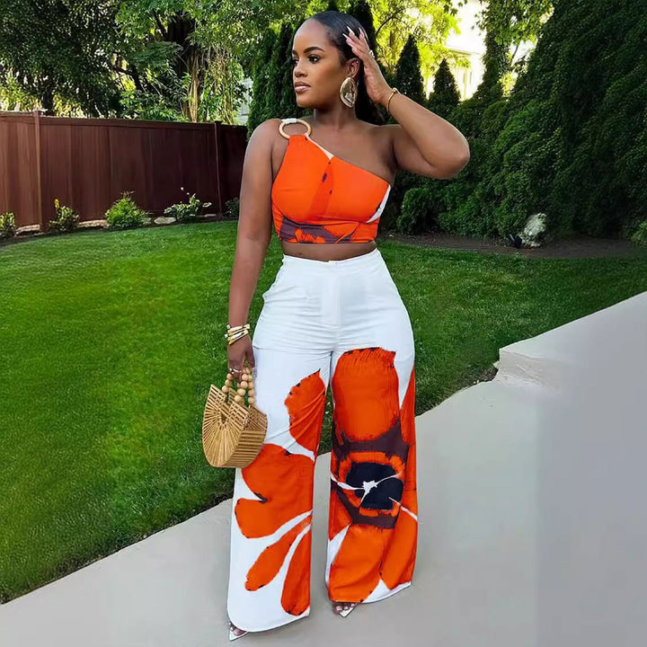 Printed Shoulder Top with Wide Leg Pants- Orange