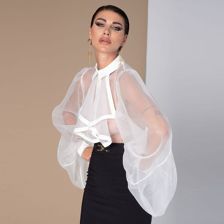 See Through Bodysuit Puff Sleeve Shirt- White