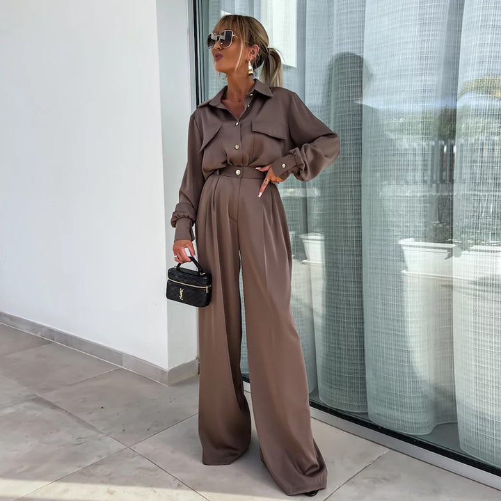 Long Sleeved Faux Pocket with Elegant Loose Trousers- Coffee