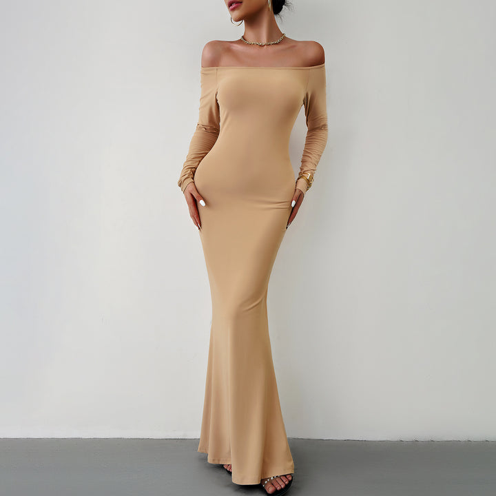 Off Shoulder Fitted Dress- Khaki