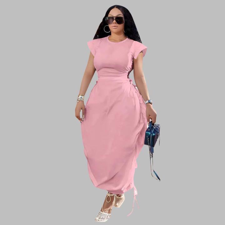 Round Neck Waist Trimming Dress- Pink