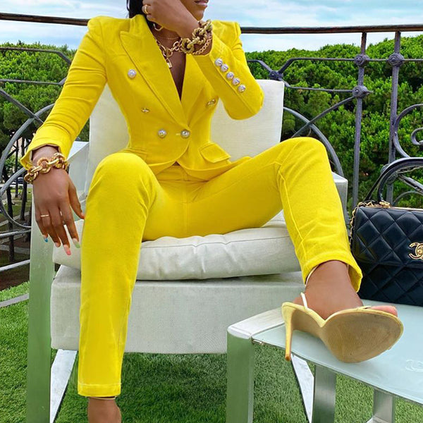 Casual Blazer w/ Straight-leg Pants- Yellow 