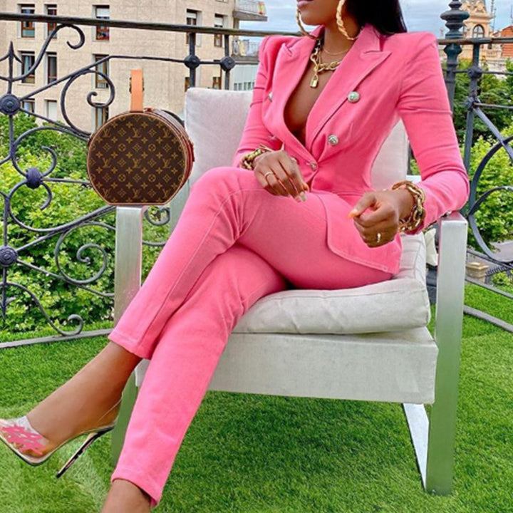 Casual Blazer w/ Straight-leg Pants- Pink