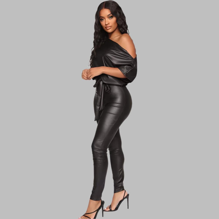 One-Shoulder Tie Waist and Faux Leather Jumpsuit