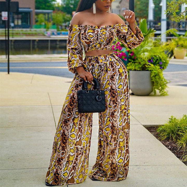 Off-the-Shoulder Printed Long Sleeve w/ Wide Leg Pants - Yellow