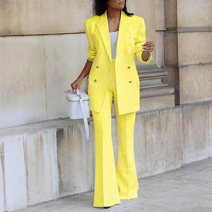 Solid Color Blazer w/ Wide Leg Pants Suit - Yellow