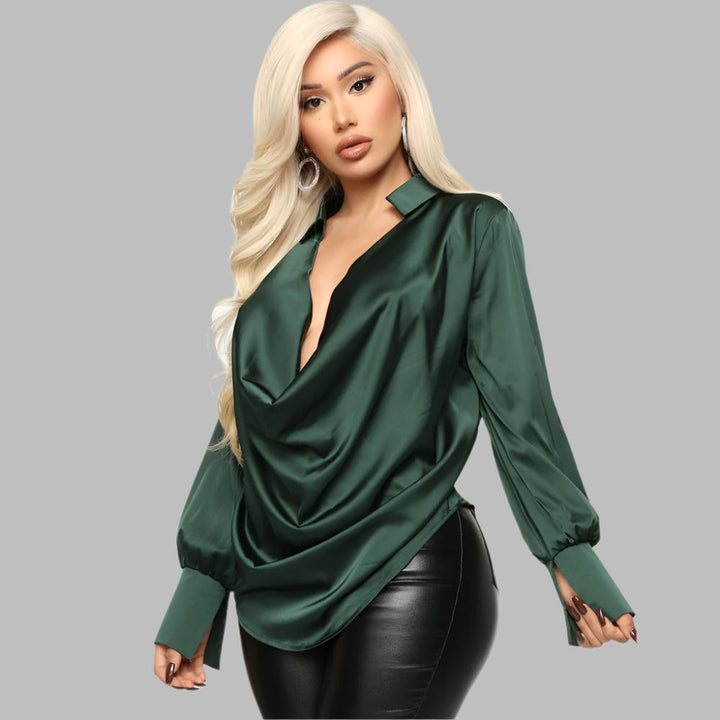 Deep V-Neck Blouse with Contrast Collar-Green