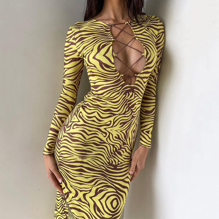 Abstract Print Long Sleeve Bodycon Dress with Lace-Up Detail