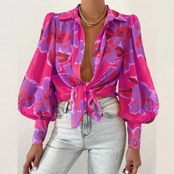 Bubble Sleeve Collared Printed Shirt-Pink