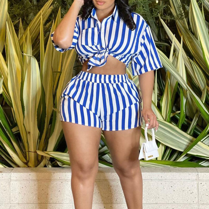 Short Sleeves Striped Shorts Set - Blue