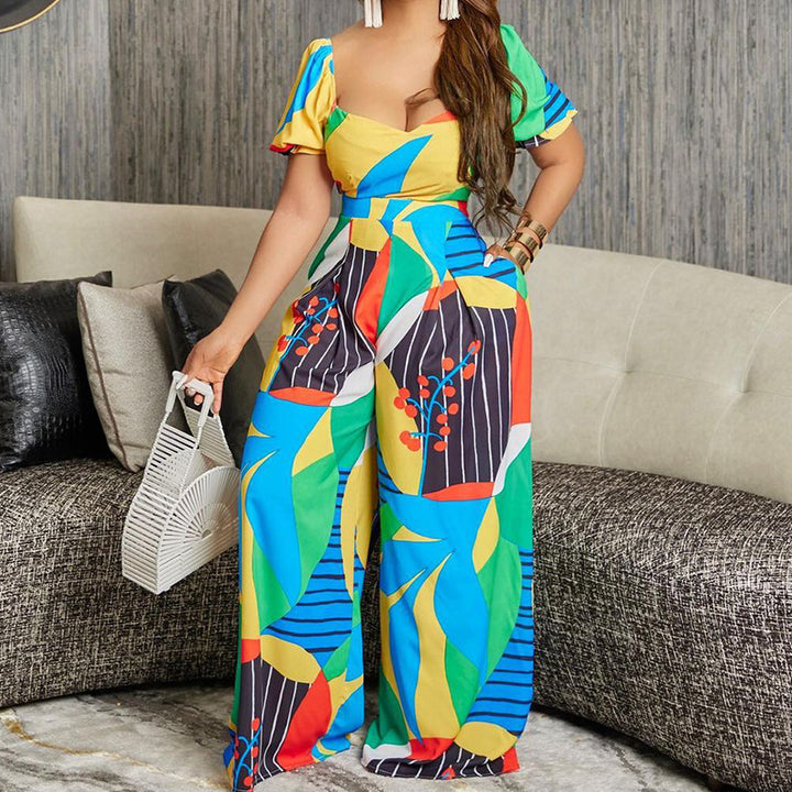 Printed Short Sleeve Lace Up Backless Jumpsuit