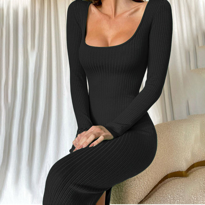 U Shaped Collar Long Sleeve Slim Fit Dress- Black