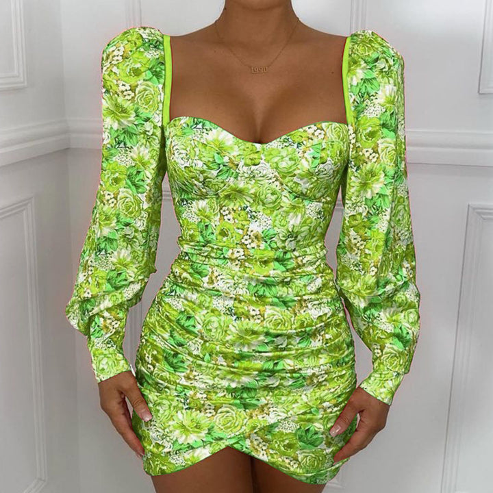 Long Sleeve Printed Dress - Green