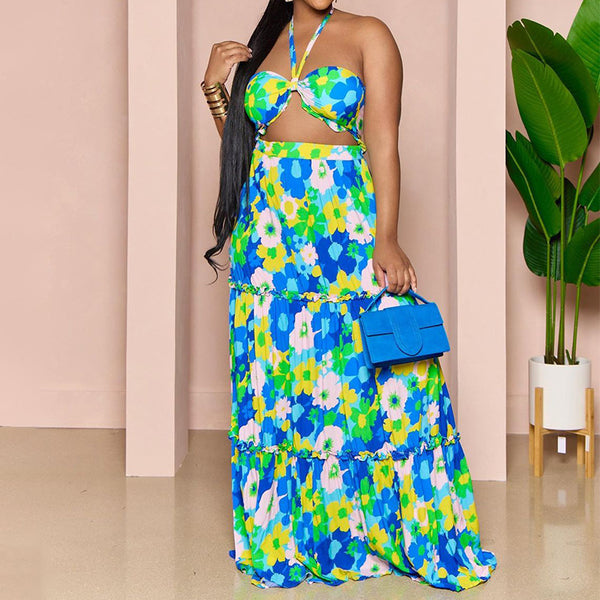 Printed Halter Top Skirt Set- Blue