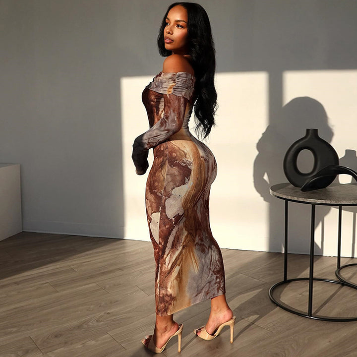  Off-Shoulder Abstract Print Bodycon Midi Dress