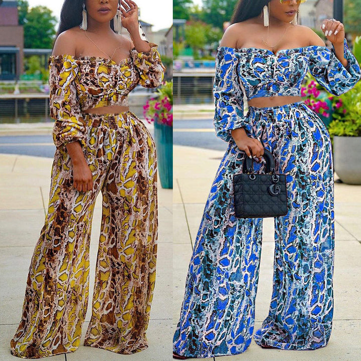 Off-the-Shoulder Printed Long Sleeve w/ Wide Leg Pants - All Colors