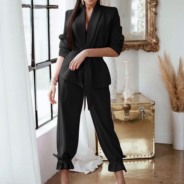 Solid Color Casual Pants Suit - Black