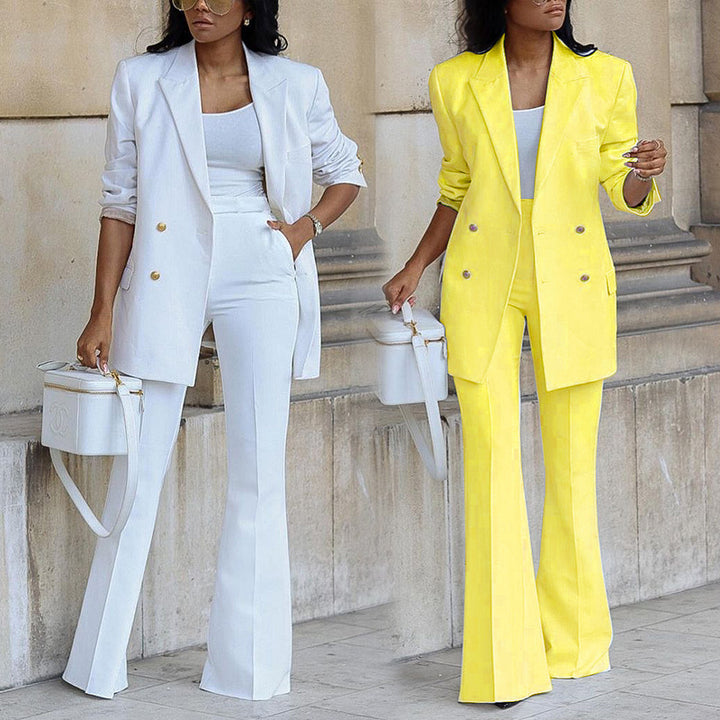 Solid Color Blazer w/ Wide Leg Pants Suit - All Colors