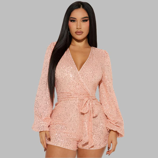 Sequin Romper with Belt and Bishop Sleeves