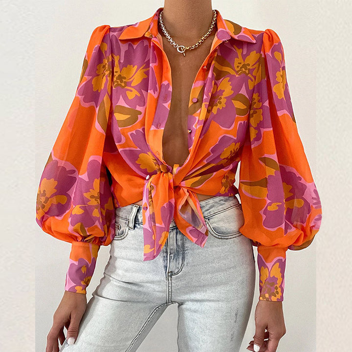 Bubble Sleeve Collared Printed Shirt- Orange