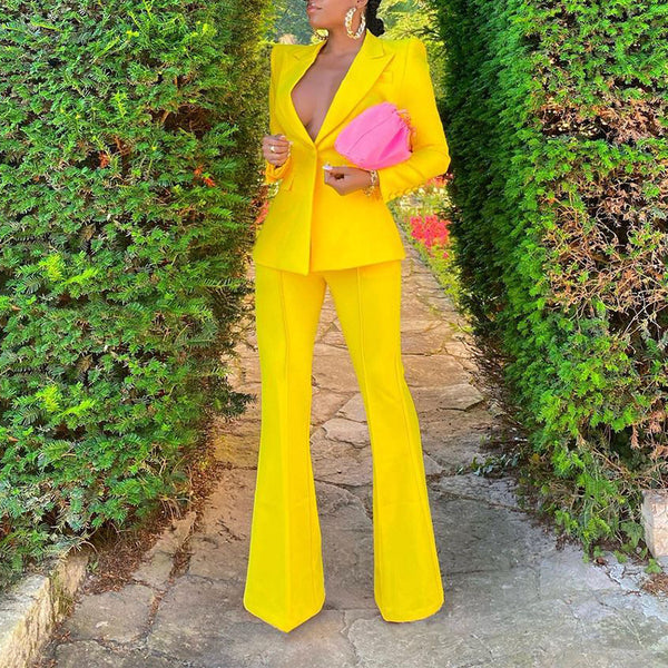 Slim Blazer with Flared Pants Professional Suit- Yellow