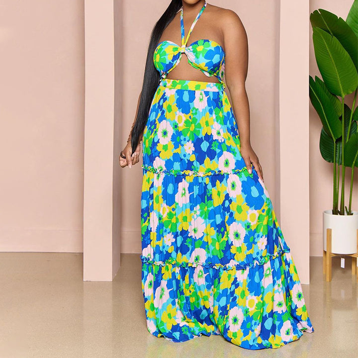 Printed Halter Top Skirt Set