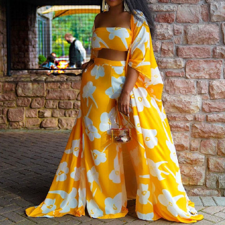 Printed Long Sleeve Cover up w/ Tube Top & Wide-Leg Pants  - Yellow