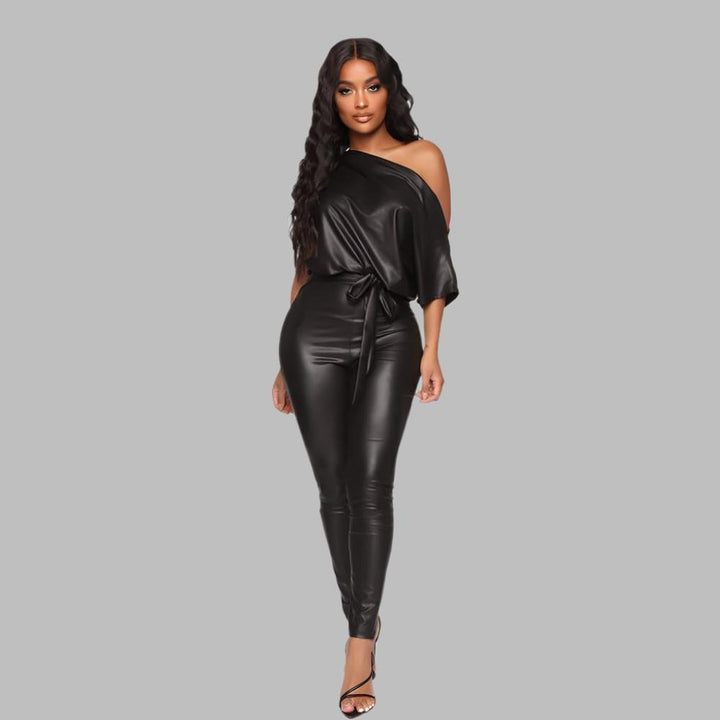 One-Shoulder Tie Waist and Faux Leather Jumpsuit