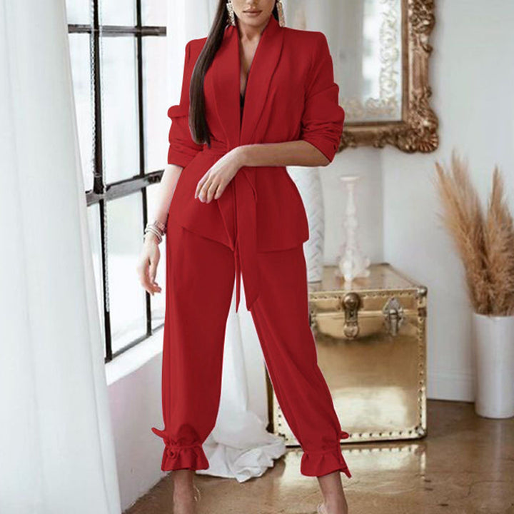 Solid Color Casual Pants Suit- Red