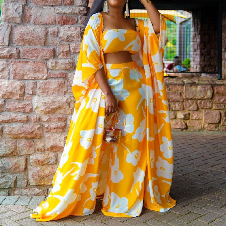 Printed Long Sleeve Cover up w/ Tube Top & Wide-Leg Pants  - Yellow