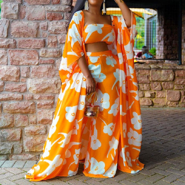 Printed Long Sleeve Cover up w/ Tube Top & Wide-Leg Pants  - Orange