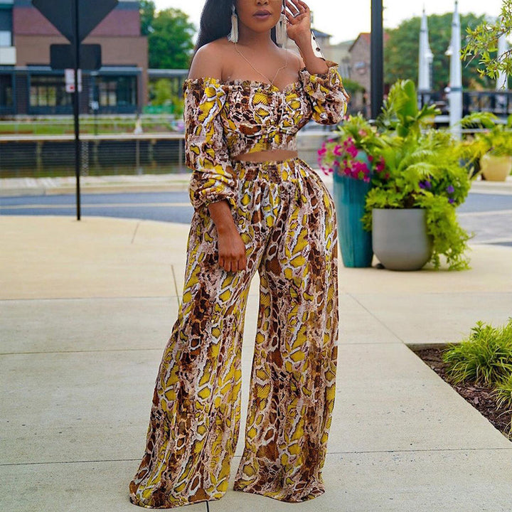 Off-the-Shoulder Printed Long Sleeve w/ Wide Leg Pants - Yellow