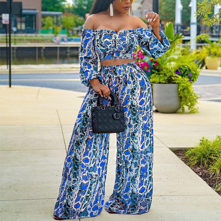 Off-the-Shoulder Printed Long Sleeve w/ Wide Leg Pants  - Blue