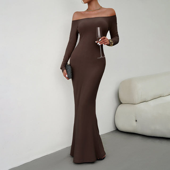 Off Shoulder Fitted Dress- Brown