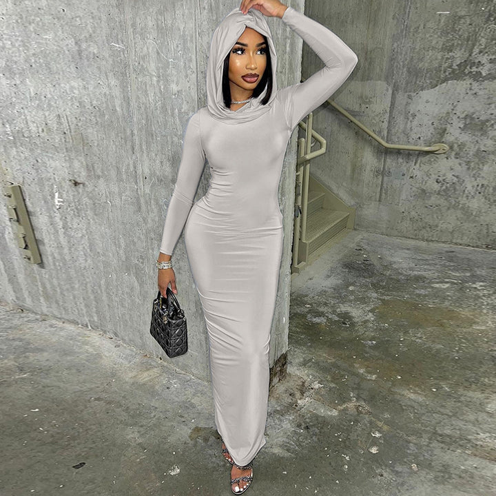 Hooded Long Sleeve Bodycon Dress- Gray