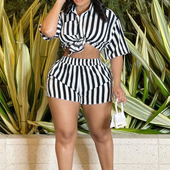 Short Sleeves Striped Shorts Set - Black