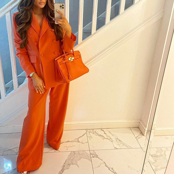 Solid Color Blazer & Wide Leg Pants Suit- Orange