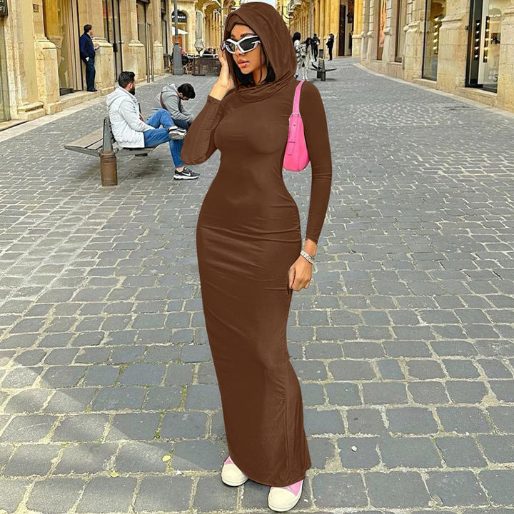 Hooded Long Sleeve Bodycon Dress- Coffee