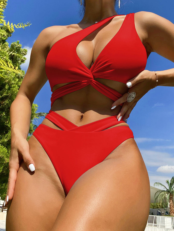 One Shoulder Criss Cross Bikini- Red