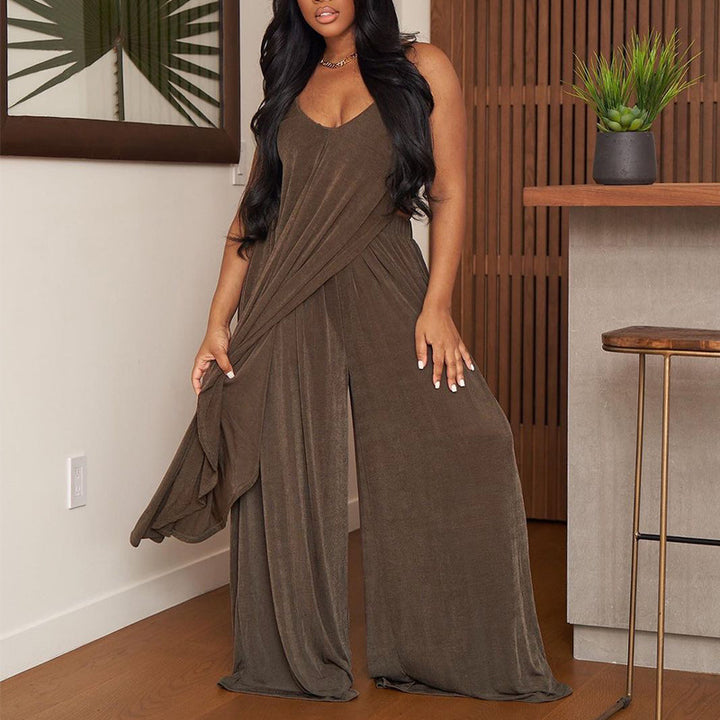 Spaghetti Strap Top w/ Loose Wide Leg Pants  - Brown