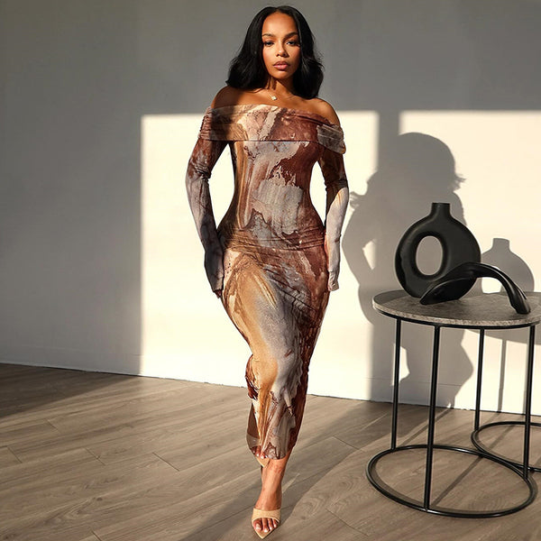  Off-Shoulder Abstract Print Bodycon Midi Dress