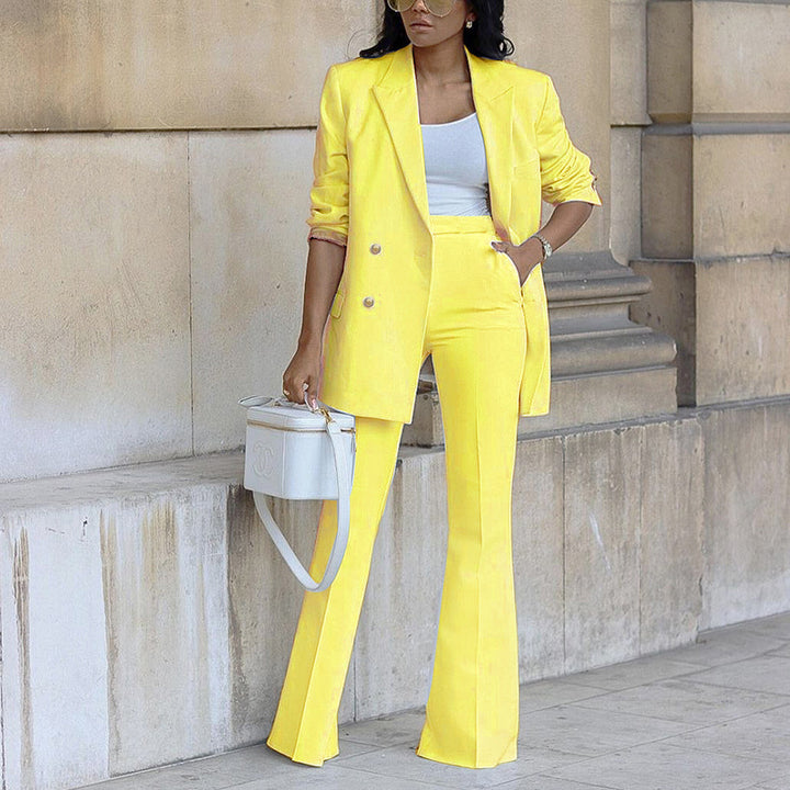 Solid Color Blazer w/ Wide Leg Pants Suit - Yellow